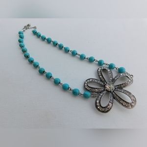 Turquoise Necklace with Bedazzled Flower Charm NWOT